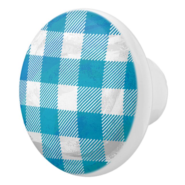 Blue and White Chequered Buffalo Plaid Ceramic Knob (Right)