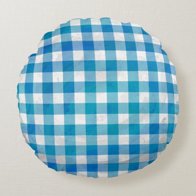 Blue and White Chequered Buffalo Plaid Round Pillow (Front)