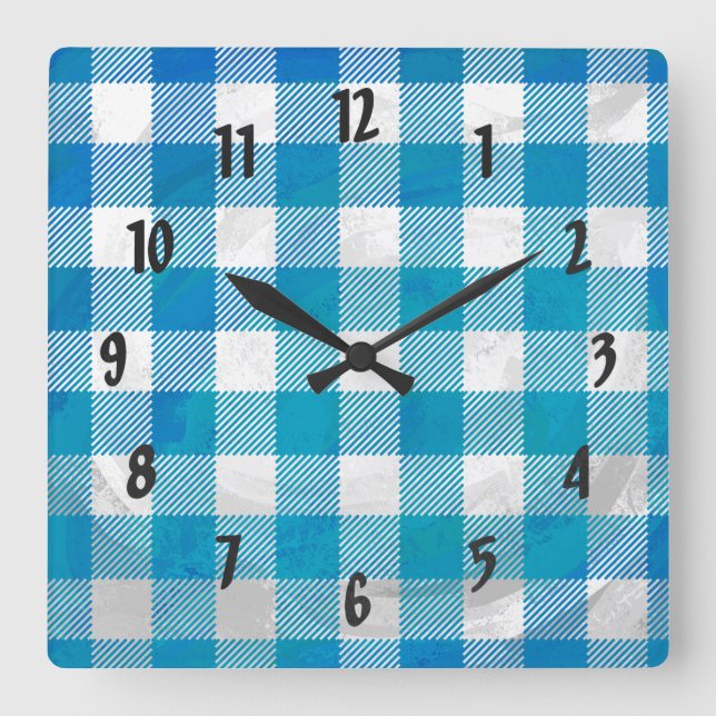 Blue and White Chequered Buffalo Plaid Square Wall Clock (Front)