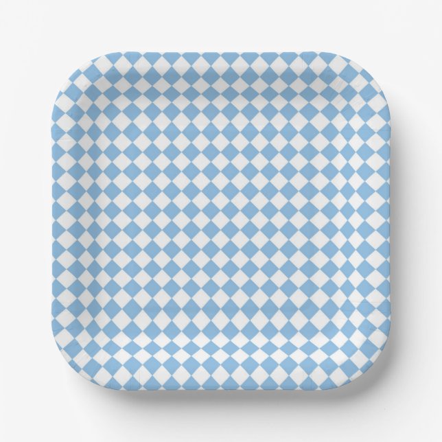 Blue and White Chequered Diamond Pattern Paper Plate (Front)