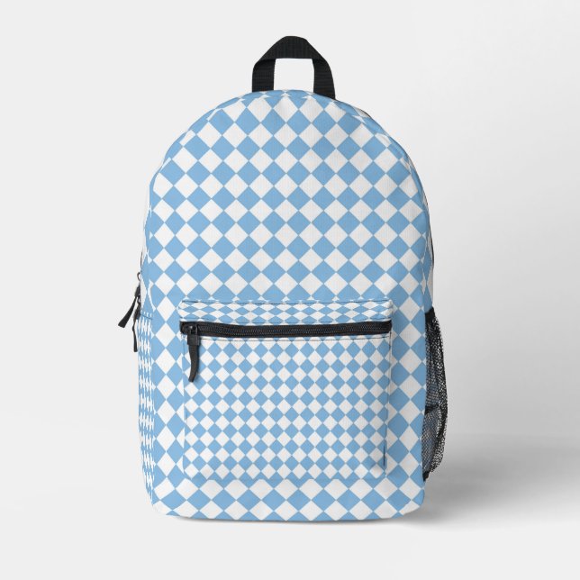 Blue and White Chequered Pattern Printed Backpack (Front)