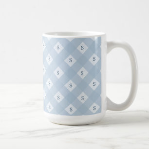 Blue and White Chequered Pattern with Initial Coffee Mug