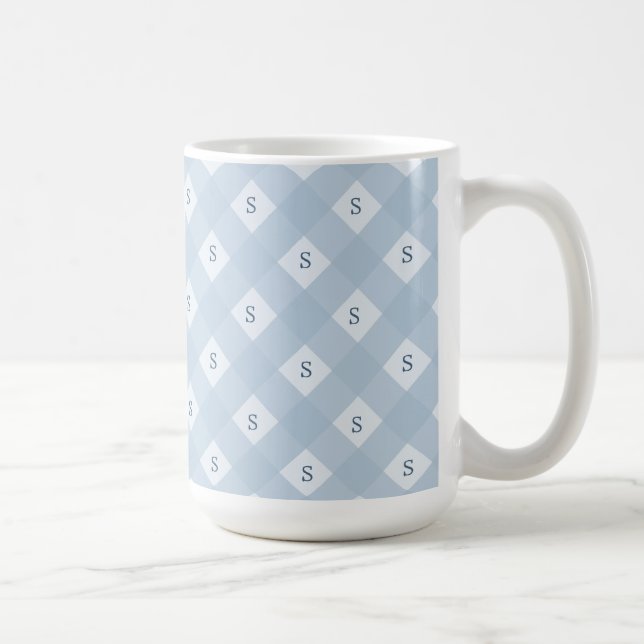 Blue and White Chequered Pattern with Initial Coffee Mug (Right)
