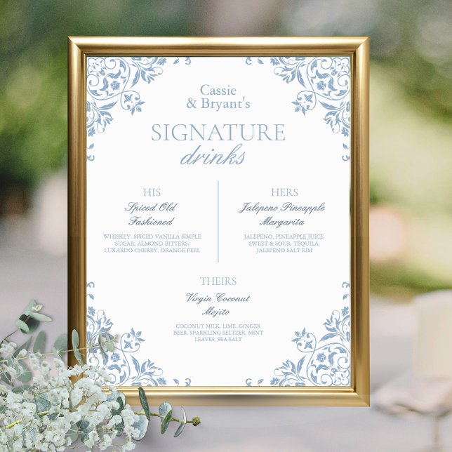 Blue and White Chic Wedding Signature Drinks Poster (Elegant blue and white vintage coastal chic wedding signature drinks bar menu sign poster his hers)