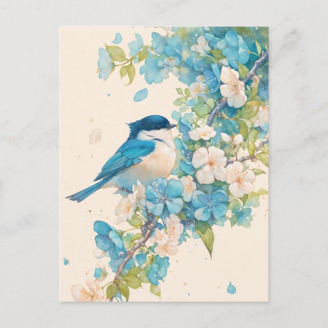 Blue and White Chickadee on Spring Blossom Branch Postcard (Front)