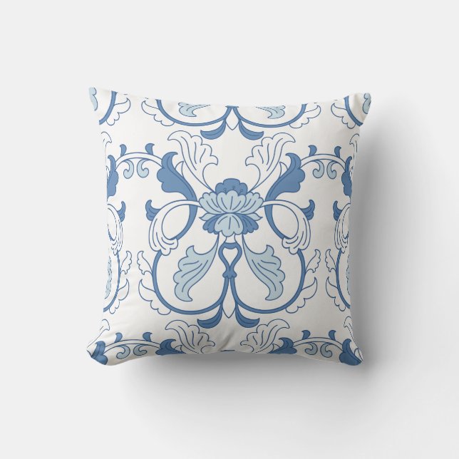 Blue and White Chinese Ceramic Pattern Throw Pillow (Front)