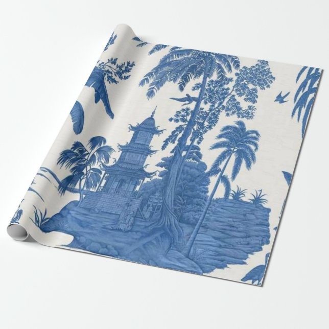 Blue and White Chinese Chinoiserie Decoupage Wrapping Paper (Unrolled)