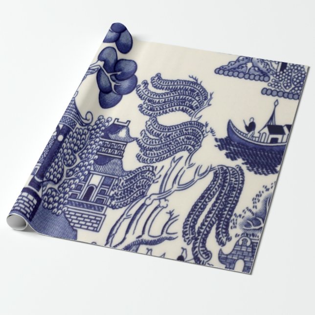 Blue and White Chinese Chinoiserie Decoupage Wrapping Paper (Unrolled)