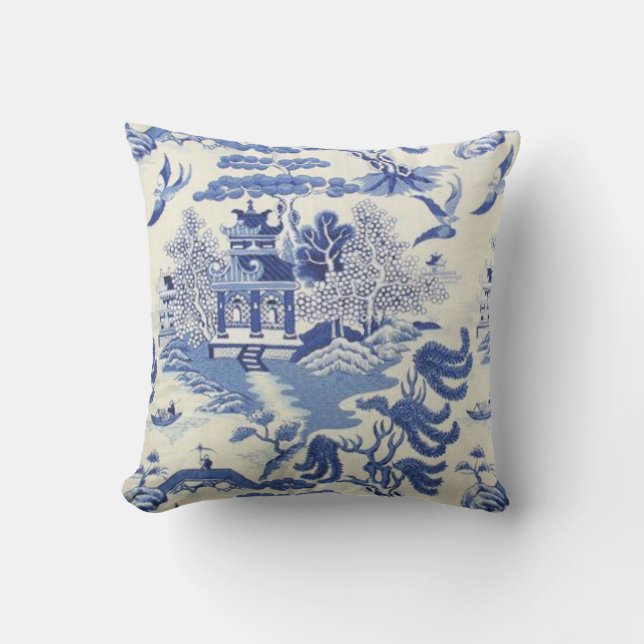 Blue and White Chinese Chinoiserie Throw Pillow (Front)