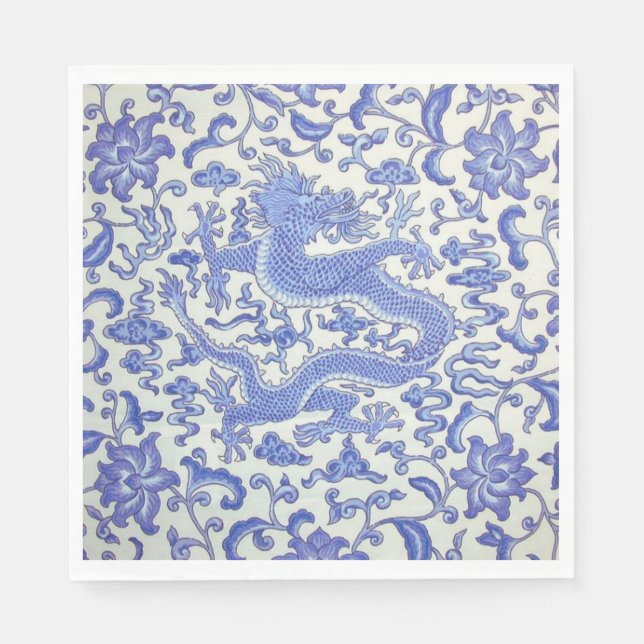 Blue and White Chinese Dragon Floral Decoupage Napkin (Front)