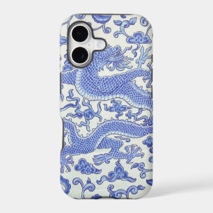 Blue and White Chinese Oriental Dragon Floral 
