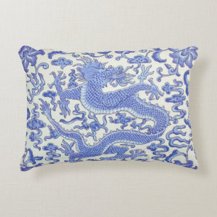 Blue and White Chinese Oriental Dragon Floral Accent Pillow