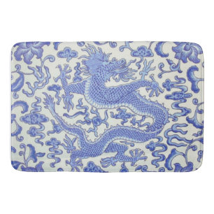 Blue and White Chinese Oriental Dragon Floral  Bath Mat