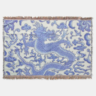 Blue and White Chinese Oriental Dragon Floral  Throw Blanket