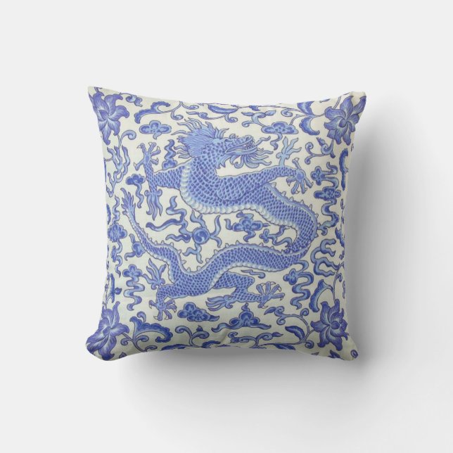 Blue and White Chinese Oriental Dragon Floral  Throw Pillow (Front)