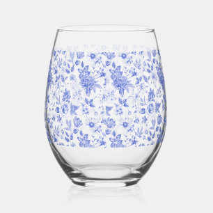 Blue and white Chinoiserie antique bridal shower Stemless Wine Glass
