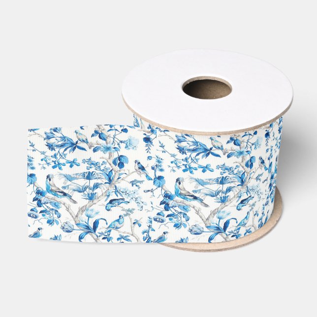 Blue and White Chinoiserie Bird Birds Grosgrain Ribbon (Spool)