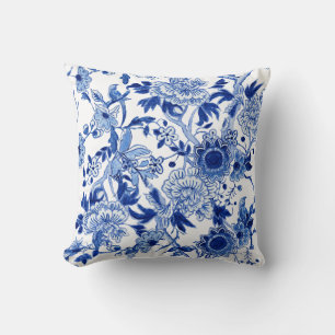 Blue and White Chinoiserie Bird Floral n Foliage Throw Pillow