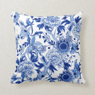 Blue and White Chinoiserie Bird Floral n Foliage  Throw Pillow