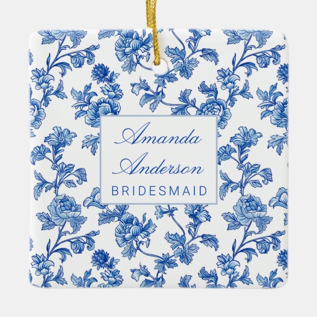 Blue and White Chinoiserie Bridesmaid Gift Ceramic Ornament (Front)