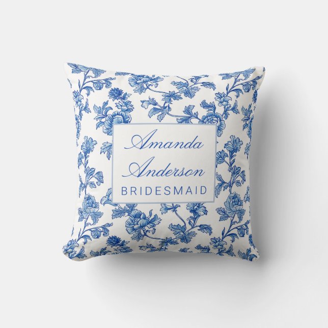 Blue and White Chinoiserie Bridesmaid Gift Throw Pillow (Front)