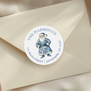 Blue and White Chinoiserie Christmas Santa Address Classic Round Sticker