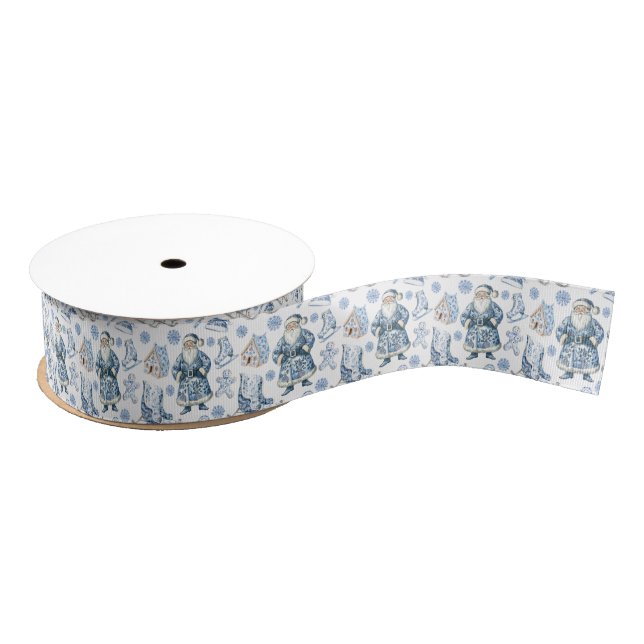 Blue and White Chinoiserie Christmas Santa Grosgrain Ribbon (Spool)