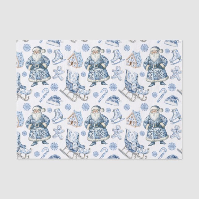 Blue and White Chinoiserie Christmas Santa Tissue Paper (Front)