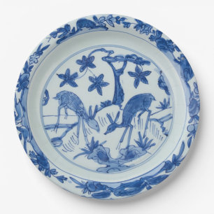 Blue and White Chinoiserie Deer Faux China Paper Plate