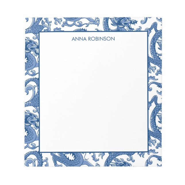 Blue and White Chinoiserie Dragon Notepad (Front)