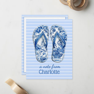 Blue and White Chinoiserie Flip Flops on Stripes Card