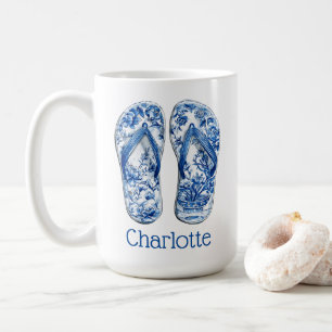 Blue and White Chinoiserie Flip Flops on Stripes Coffee Mug