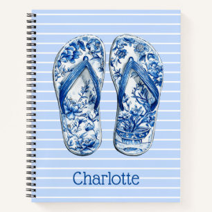 Blue and White Chinoiserie Flip Flops on Stripes Notebook