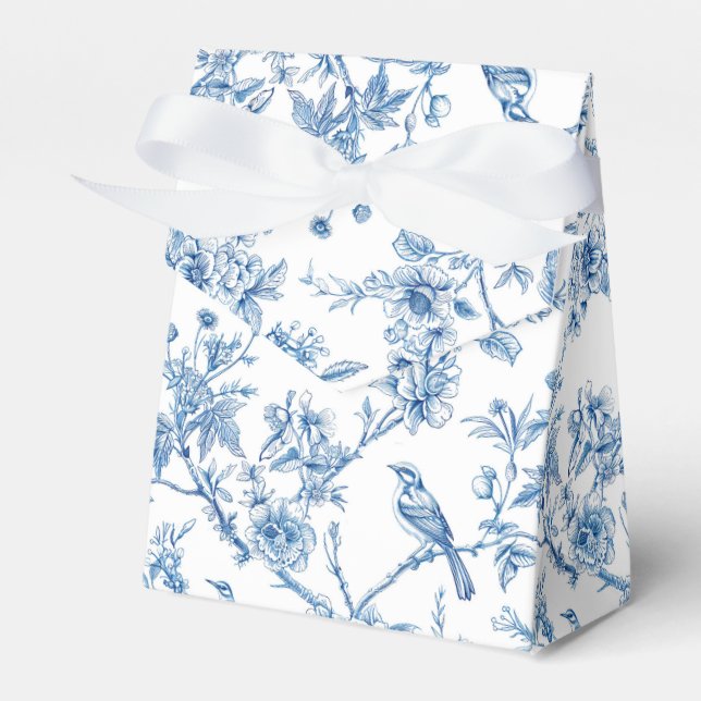 Blue and White Chinoiserie Floral Birds Favor Box (Front Side)