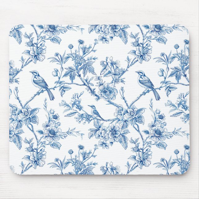 Blue and White Chinoiserie Floral Birds Mouse Pad (Front)