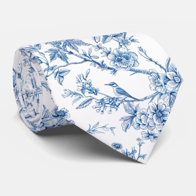 Blue and White Chinoiserie Floral Birds Tie (Rolled)