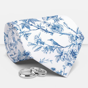 Blue and White Chinoiserie Floral Birds Tie