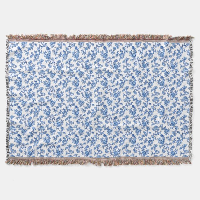 Blue and White Chinoiserie Floral  Throw Blanket (Front)
