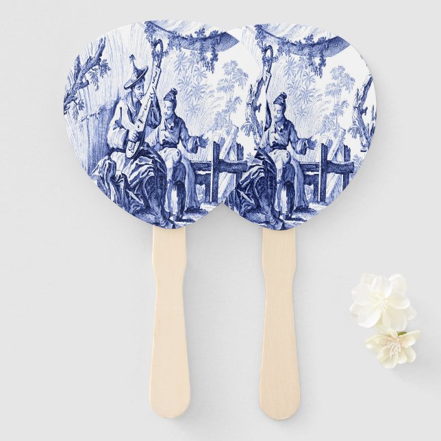 Blue and White Chinoiserie Hand Fan (Front and Back)
