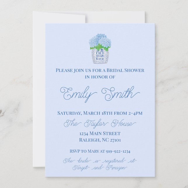 Blue and white Chinoiserie Hydrangea Bridal Shower Invitation (Front)