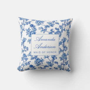 Blue and White Chinoiserie Maid of Honor Gift Throw Pillow