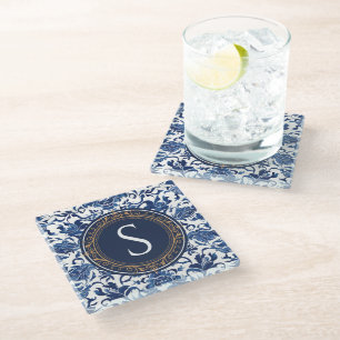 Blue and White Chinoiserie Monogram with Gold Glass Coaster