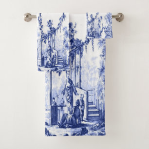 Blue and White Chinoiserie Oriental 3 Piece Luxury Bath Towel Set