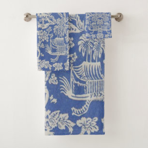 Blue and White Chinoiserie Oriental 3 Piece Luxury Bath Towel Set
