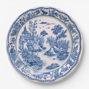 Blue and White Chinoiserie Pagoda Paper Plate