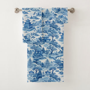 Blue and white chinoiserie pattern bath towel set
