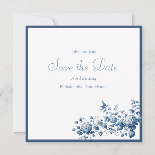 Blue and White Chinoiserie Pattern Save The Date (Front)