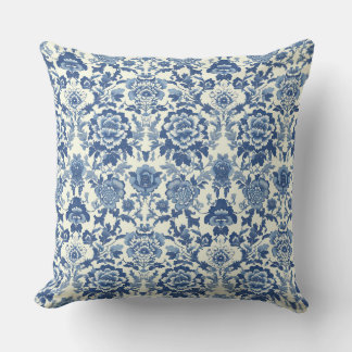 Blue and White Chinoiserie Peony Floral Pattern Throw Pillow