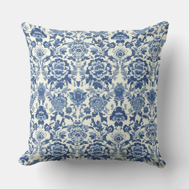 Blue and White Chinoiserie Peony Floral Pattern Throw Pillow (Front)