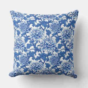 Blue and White Chinoiserie Peony Floral Throw Pillow